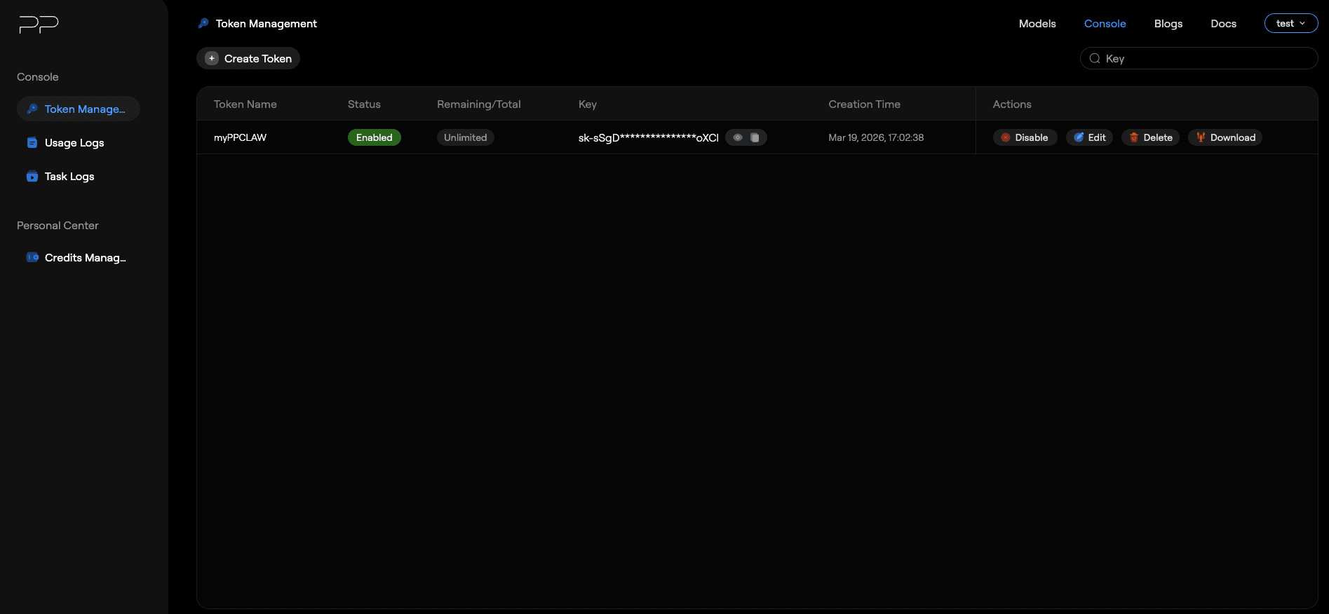 PP API Console > Token Management